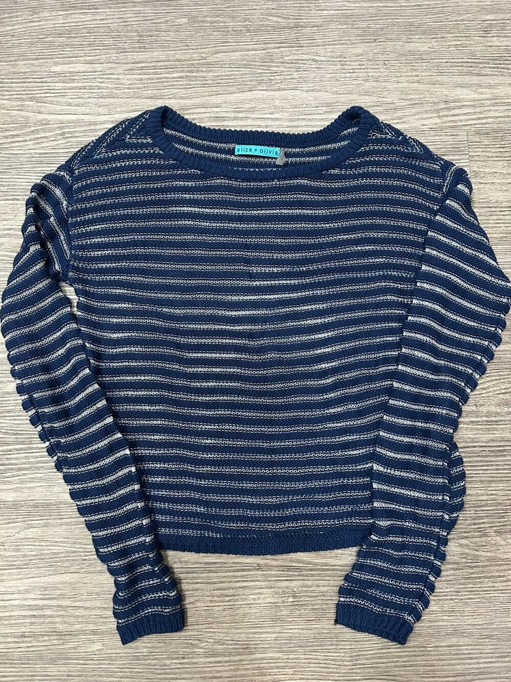 Alice + Olivia Blue White Striped Chunky Knit Cropped Sweater Size S Cotton